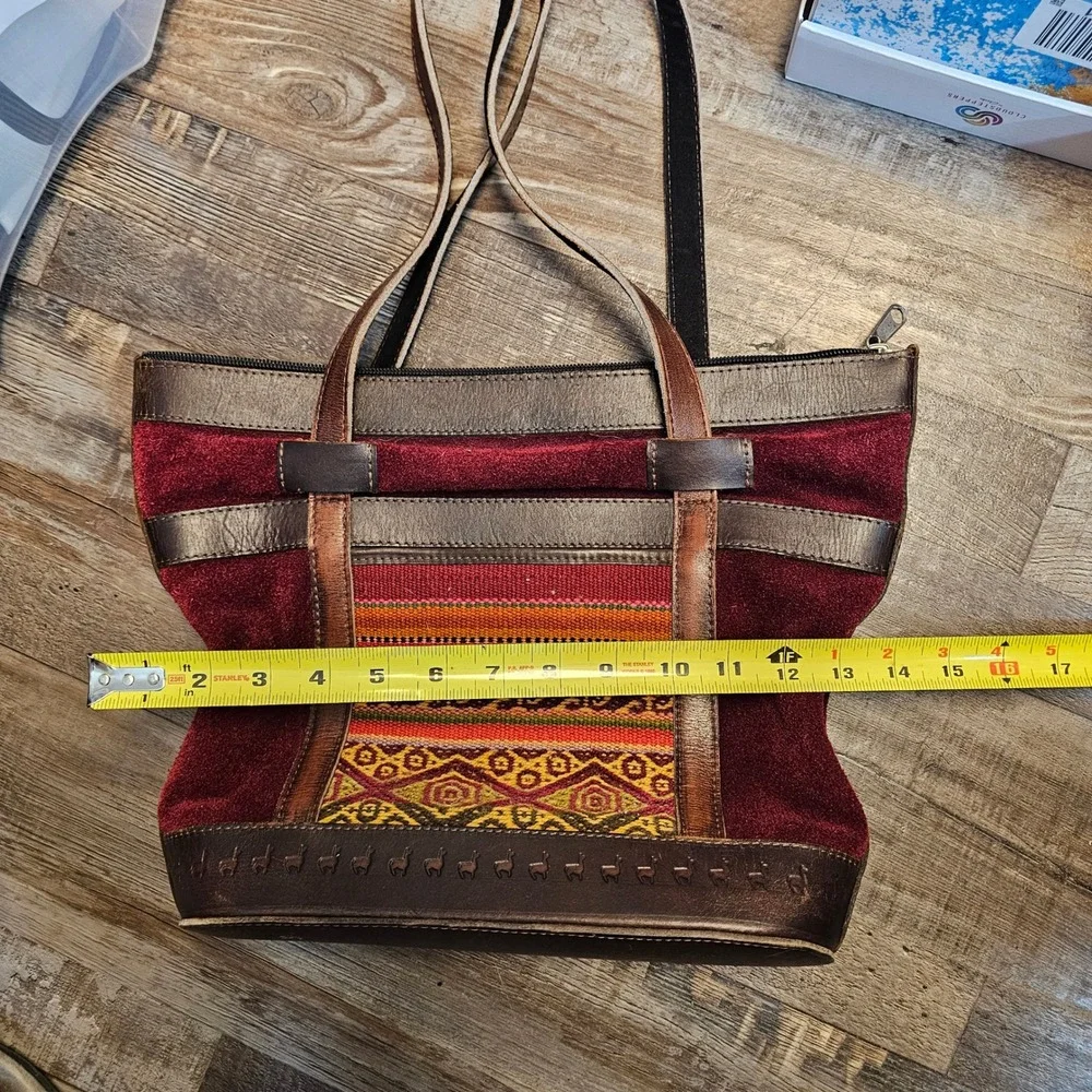 Handmade Andean Suede Leather Tote Bag Woven Textile Llama Stamp Burgundy Brown